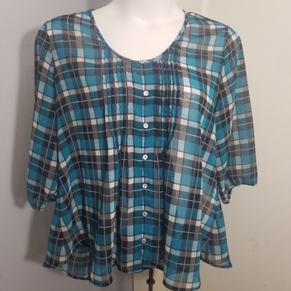 NorthStyle Sheer Teal Plaid Button Up Blouse / 1x